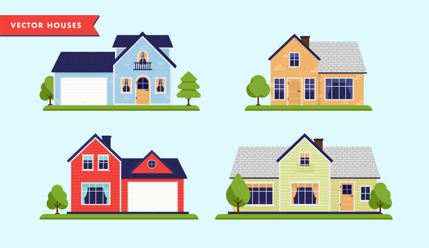 Vector houses - Collection of 4 house illustrations, isolated on blue background. For suburban and urban backgrounds.