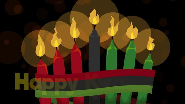 Candles for Kwanzaa celebration decorated with traditional colored flag around it over a dark background with bokeh effect. Video animated 4K
