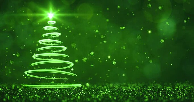 Abstract green streaks shaped as christmas tree over the dark green background. Christmas greetings 4k video background as seamless loop.