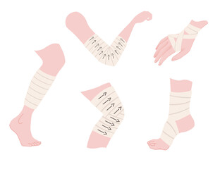 Set of healthy bandage for hand and leg recovery flat vector illustration on white background