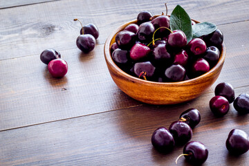 Plate of ripe red cherries with leaves, close up