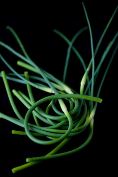 Garlic scales against black background