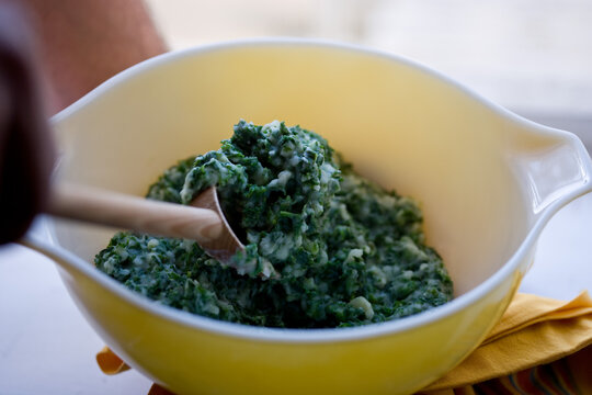 Close up of mashed potatoes with kale