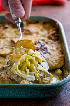 Close up of potatoes and leek gratin