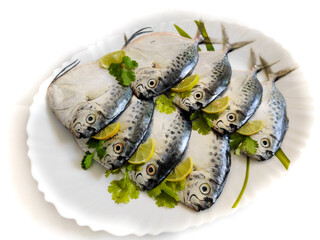 Fresh Razor moonfish/Razor Trevally Fish, Decorated with herbs and lemon slice on a white plate.