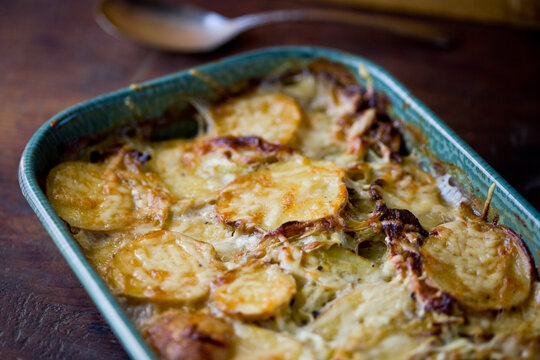Close up of potatoes and leek gratin