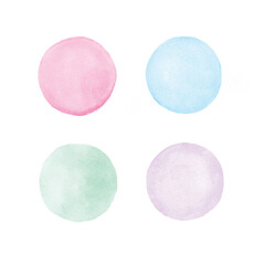Green, blue, red, purple  circle watercolor painting textured on white paper isolated on white background