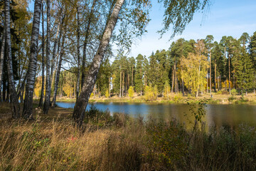 Fototapeta na wymiar Autumn landscape with a pond in the city of Kokhma, Ivanovo region.
