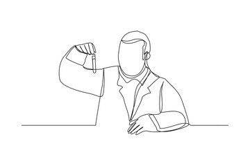 Continuous line drawing of male scientist analyze formula on laboratory tube. One line concept of medical science. vector illustration