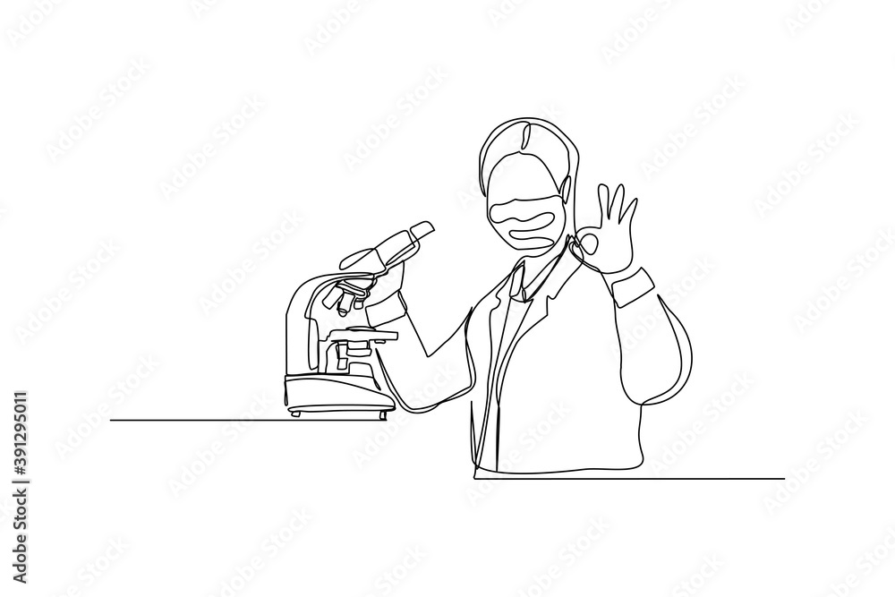 Wall mural continuous line drawing of female scientist analyze using microscope in laboratory. one line concept