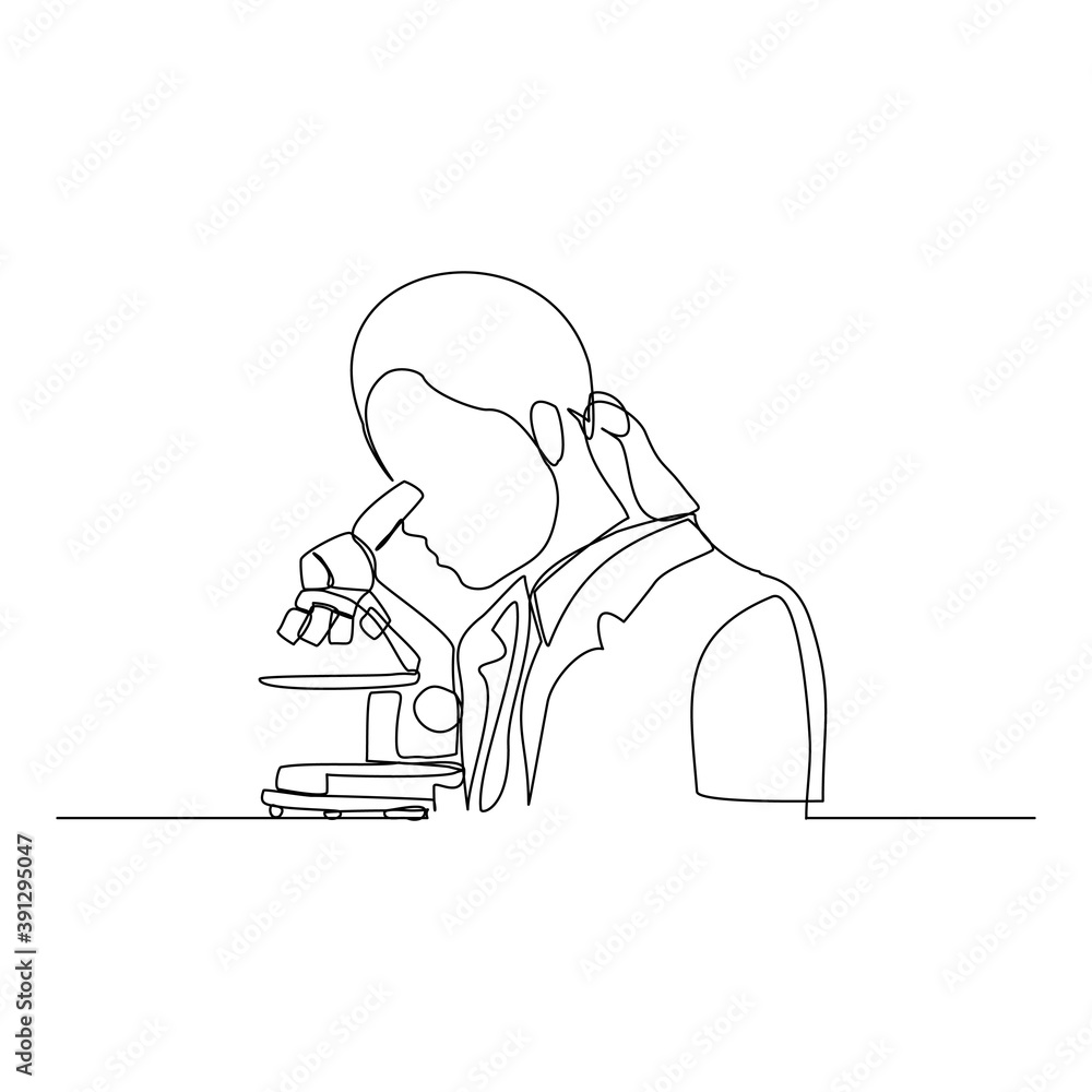 Wall mural continuous line drawing of female scientist analyze using microscope in laboratory. one line concept