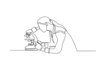  Continuous line drawing of female scientist analyze using microscope in laboratory. One line concept of science work space. Vector illustration