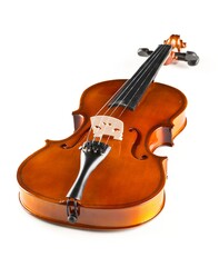 Brown wooden fiddle or violin, classic musical instrument, on white background