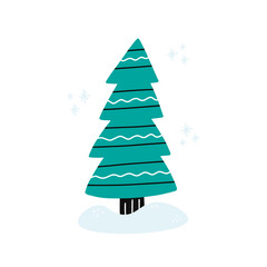 Vector illustration of christmas fir tree standing in snow with falling snowflakes. Hand drawn cartoon style. Winter holiday card.