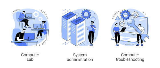 Computers and software abstract concept vector illustration set. Computer lab, system administration, troubleshooting, information technology, network upkeeping, operating system abstract metaphor.