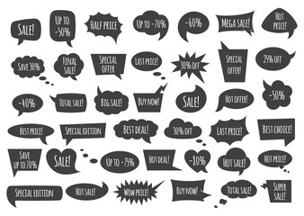 Black speech bubble with sale phrases - cartoon comic bubbles and clouds of various shapes with speech phrases.