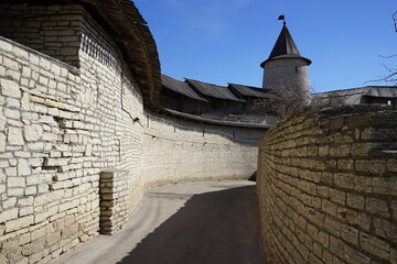 walls and towers of the Pskov Krom. Spring. Russia