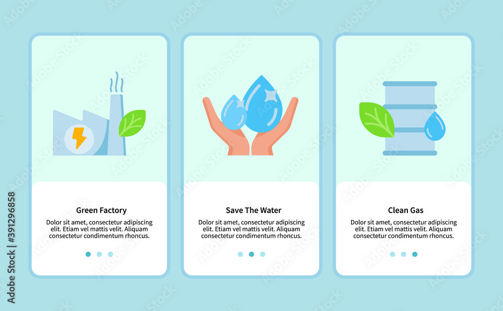 Aufkleber green factory save the water clean gas onboarding for mobile app template ui web with flat style