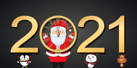 Fototapeta premium Santa claus and Black golden shiny 2021 New Year web banner. Card with snow, reflection and round clock the chimes Kremlin Spasskaya background. Isolated vector illustration.