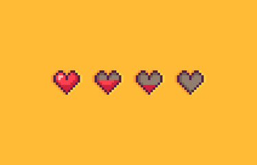 Pixel art hearts on yellow background.