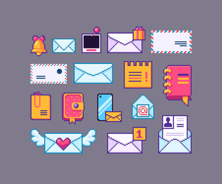 Pixel Art Set Of Mail Icons.