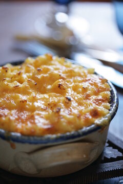 Close up of macaroni and cheese baked in pot
