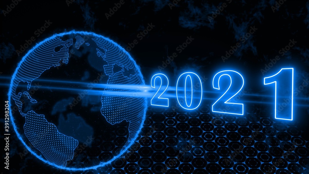Poster year change 2021 - abstract 3d text illustration with year digits over light beam - glowing earth gl