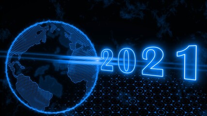 Year change 2021 - abstract 3d text illustration with year digits over light beam - glowing earth globe in front of dark background with various graphic elements
