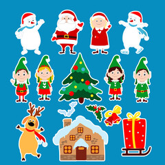 Set of Christmas stickers Santa Claus, Mrs Santa Claus, snowmen, elves, deer, house, tree, bells. Vector festive illustration in cartoon style.