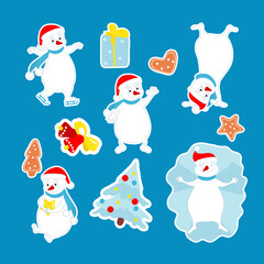 Set of stickers snowmen in different poses, as well as Christmas trees, gingerbread cookies, bells, gift. Winter cartoon charming characters are standing on their hands, skating, sitting.