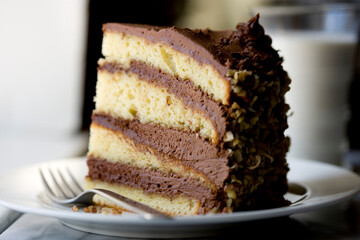 Chocolate layer cake slice on plate