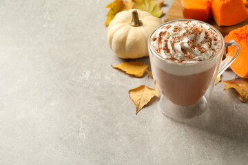 Delicious pumpkin latte on grey table. Space for text