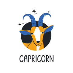 Сapricorn zodiac sign. Bright astology icon with handwritten title isolatedon a white background. Vector shabby hand drawn illustration