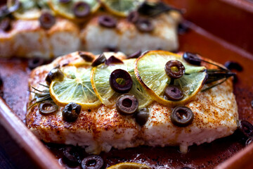 Close up of roasted halibut dish