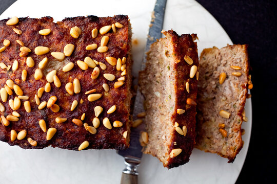 Close up of baked meatloaf with garlic