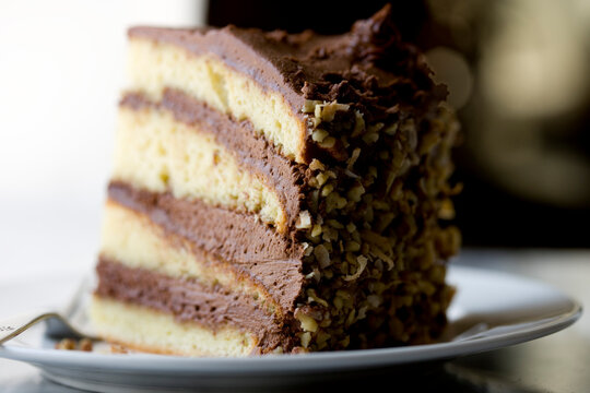 Chocolate layer cake slice on plate