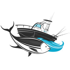 Boat with fishing rods on blue wave and tuna design