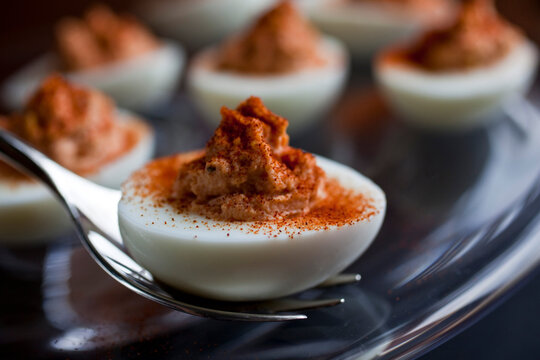 Close up of smoky red devil egg