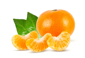 Ripe tasty mandarin or tangerin with slice orange with green leaves close-up isolated on a white background.