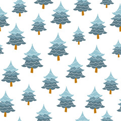 Fototapeta premium Christmas tree seamless pattern. Vector illustration in a childish hand-drawn Scandinavian style. Fir-tree forest. The pastel palette is ideal for printing packaging, fabrics, textiles.
