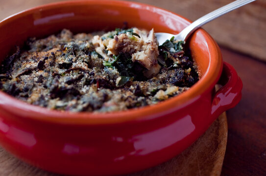 Sardine And Swiss Chard Gratin In Red Bowl