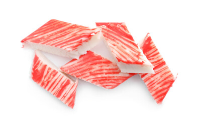 Pieces of crab sticks isolated on white, top view