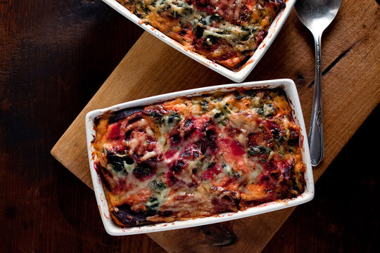 Close up of beet and beet green gratin
