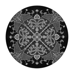 Colored pencil effects. Christmas mandala illustration black, white and grey. Fancy christmas tree and little hearts.