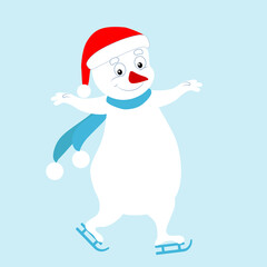 The snowman is ice skating, he is cheerful and cute. Cartoon vector winter character. Picture for Christmas cards, Christmas balls and holiday decor. The mood of joy and fun.