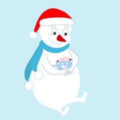 Cheerful funny snowman sits and holds a cup with hot chocolate and marshmallows. Cartoon vector winter character. Picture for Christmas cards, Christmas balls and holiday decor. The mood of joy.