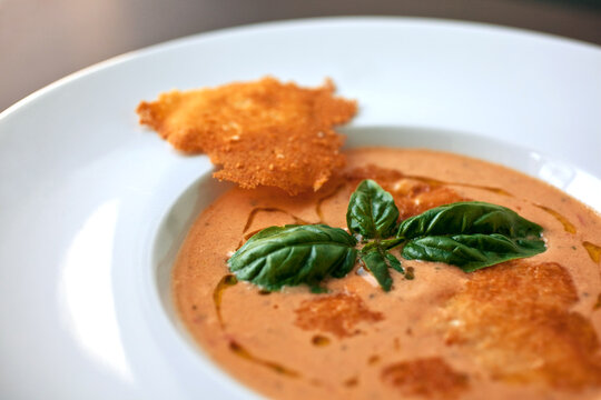 Close up of creamy gazpacho soup