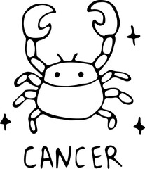 Vector illustration of the zodiac sign cancer in the power of Doodle, black outline on an isolated white background. The concept of astrology, mysticism, divination, horoscopes. Can be used for books