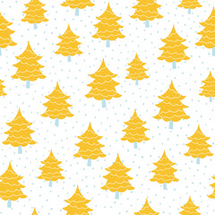 Christmas yellow tree seamless pattern. Vector illustration in a childish hand-drawn Scandinavian style. Fir-tree forest. The limited palette is ideal for printing packaging, fabrics, textiles.
