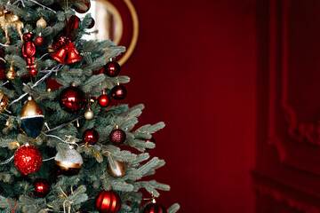 Fototapeta na wymiar Beautiful Christmas tree with festive decor, close-up